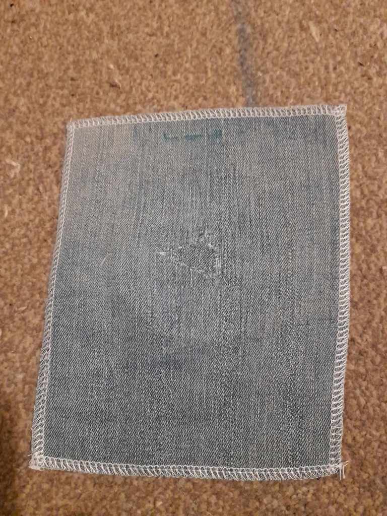 A mended sample. This uses matching denim and matching thread, and the mend is almost invisible. No-one should be looking at your crotch that carefully, in any case!