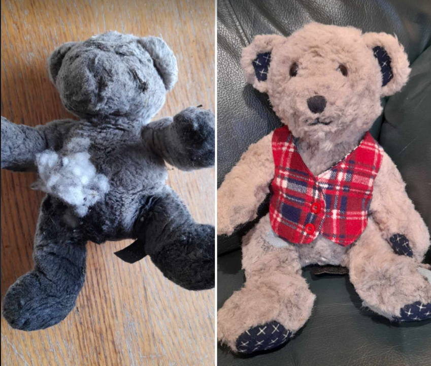 Two photos side by side. On the left is a muddy grey looking bear with a big hole in his tummy with the stuffing coming out. His face is badly matted and the features obscured.  On the right is a clean, mended bear with a happy friendly face and a snazzy little tartan waistcoat
