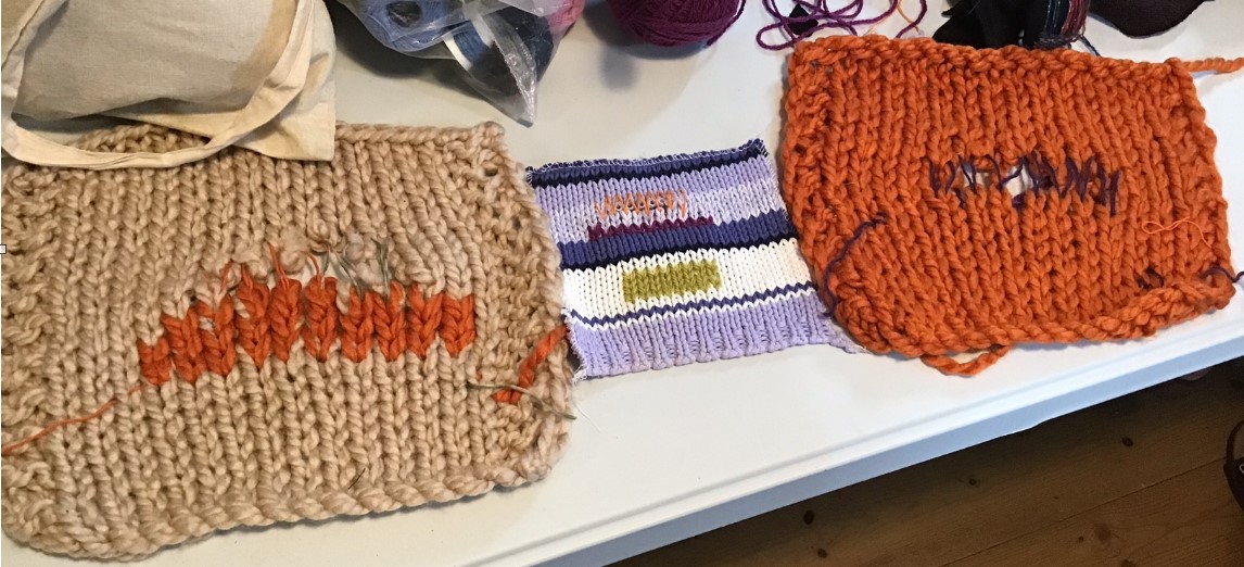 Three different knitting samples with Swiss Darning happening on them.