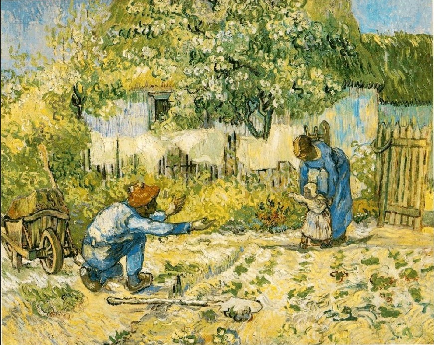 First Steps by Vincent Van Gogh. A painting of a cottage garden with three figures in it. A mother leans over a small child, holding her hands and helping her stand.  The father crouches a couple of metres away, holding out his arms towards the child, encouraging the child to take her first steps across the gap and into her father's arms